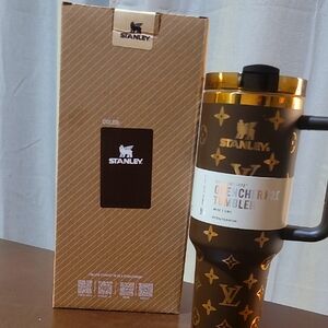 Custom Print Stanley Dark Brown Tumbler with Gold Patterns